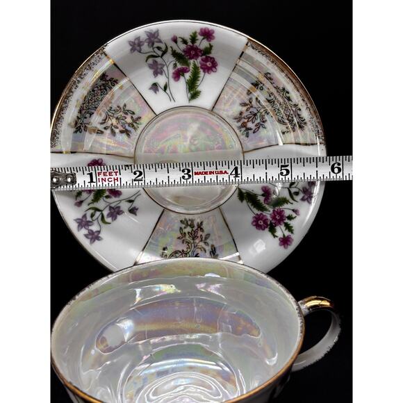 Vtg 3 Footed Teacup Saucer Pearlescent Irridescent Luster ware Floral Gold Trim - Picture 7 of 15